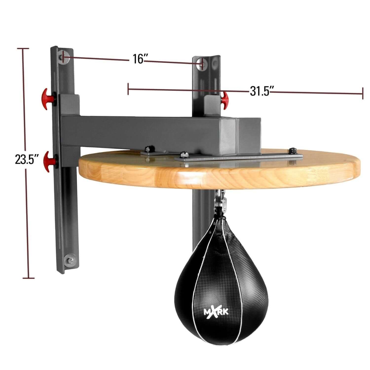 Professional speed bag platform with chain swivel, featuring a 24" hardwood top and heavy-duty steel frame for MMA and boxing training.