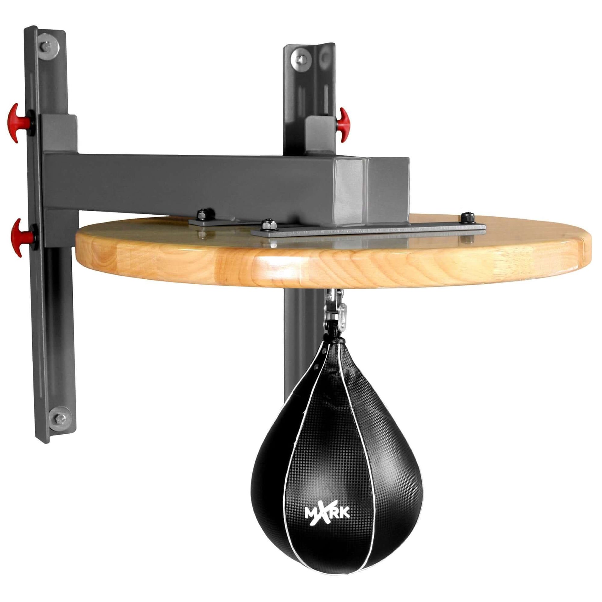Professional speed bag platform with 24" hardwood surface and heavy-duty steel frame, featuring a chain swivel for MMA and boxing.