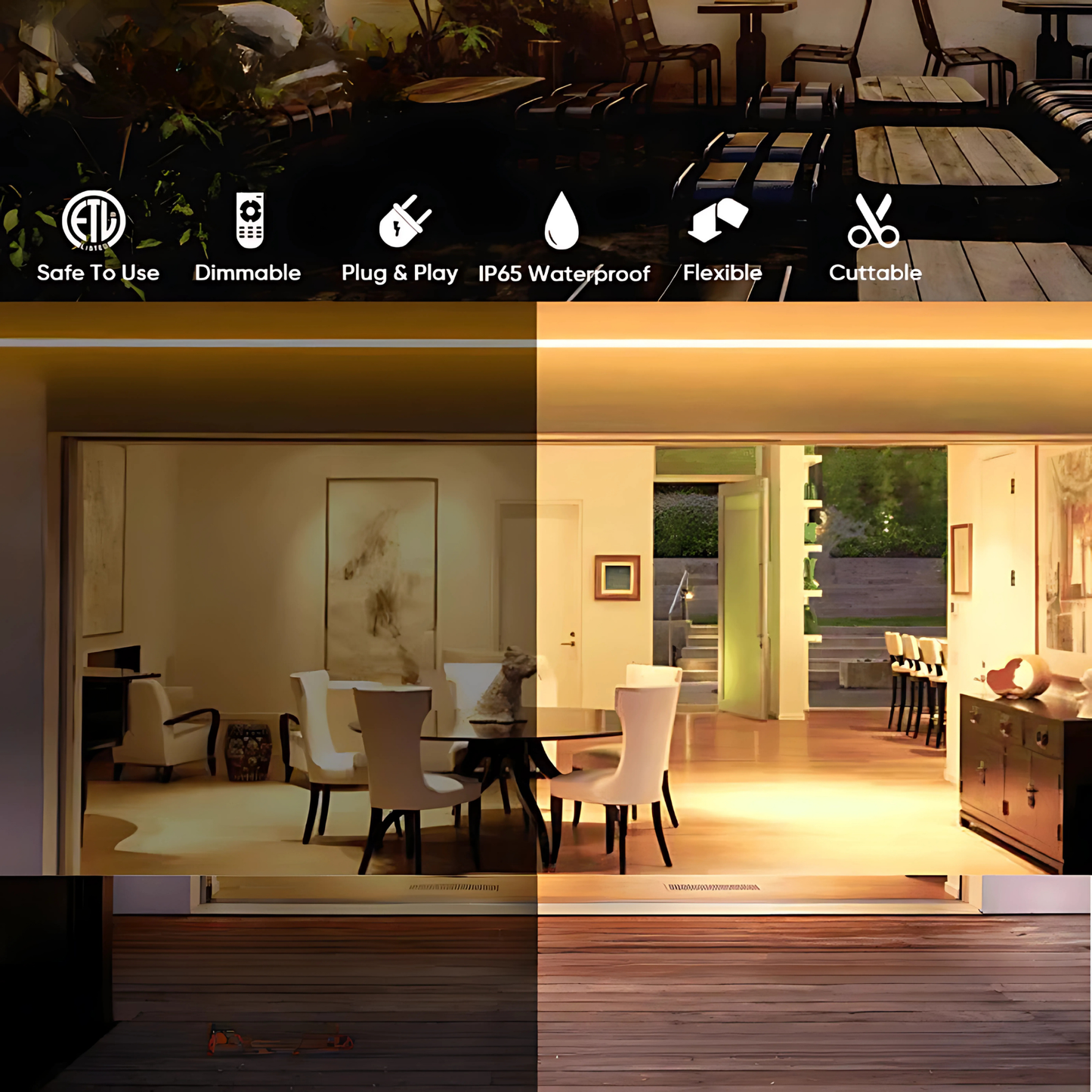 110-130V Warm White LED Neon Rope Light -3000K- 7mm x 14.5mm-7W/Meter and 220LM/W -Dimmable, Flexible, IP65 Waterproof, Cuttable for Home & Commercial Use