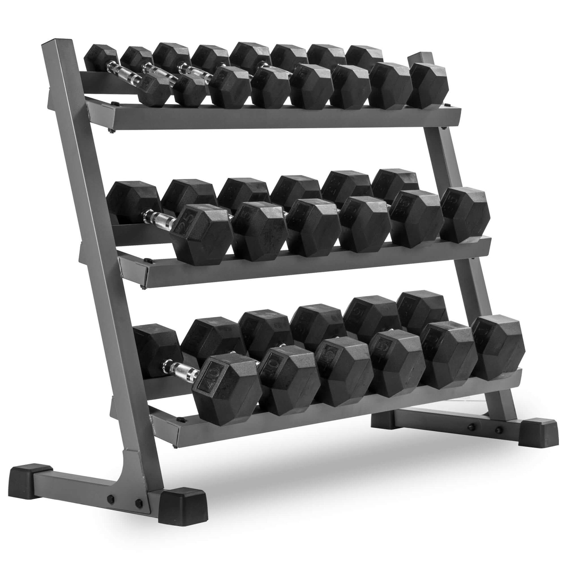 Hex dumbbell storage rack holding multiple sets of black dumbbells for home gym organization.