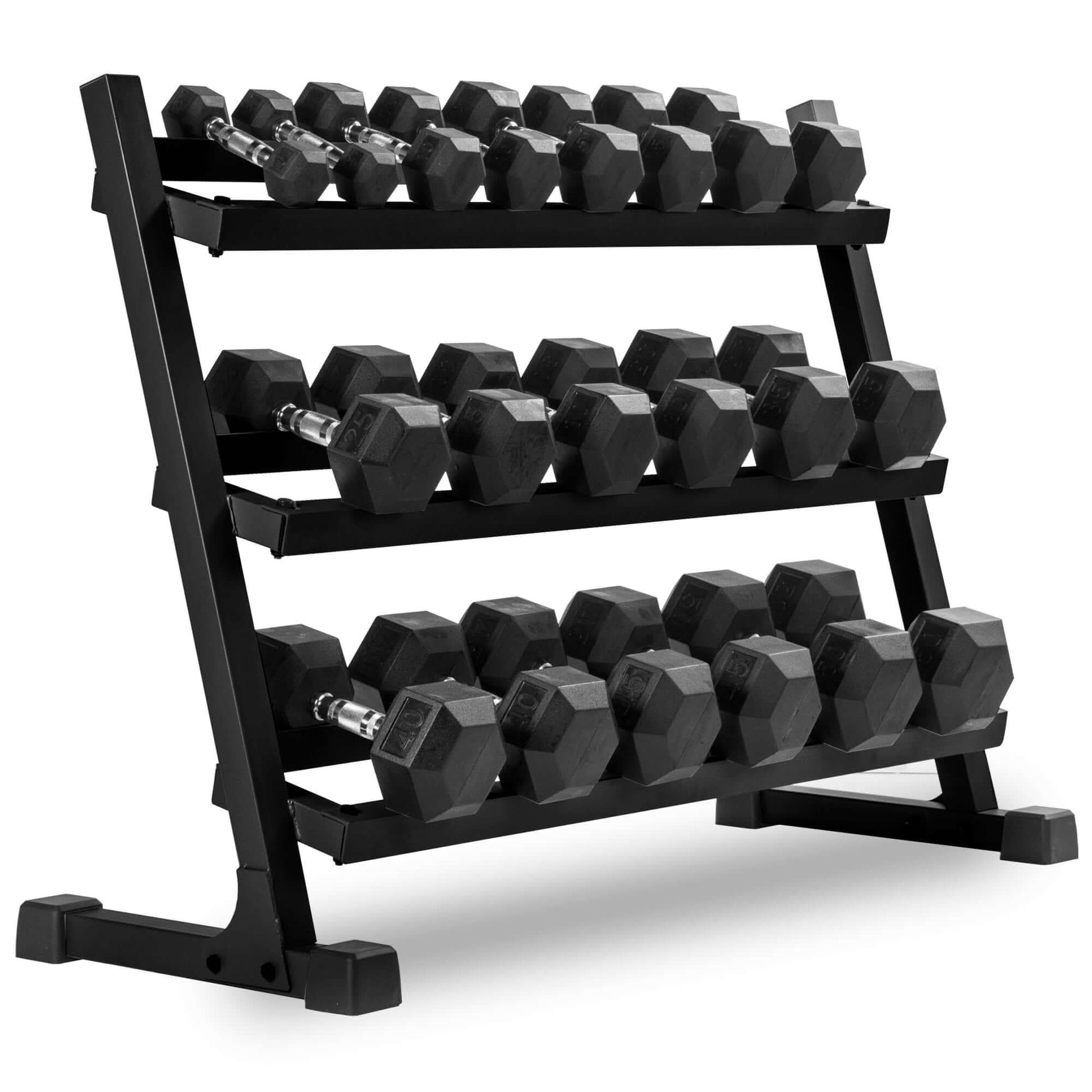 Hex dumbbell storage rack featuring multiple tiers filled with black hex dumbbells, ideal for home gym organization.