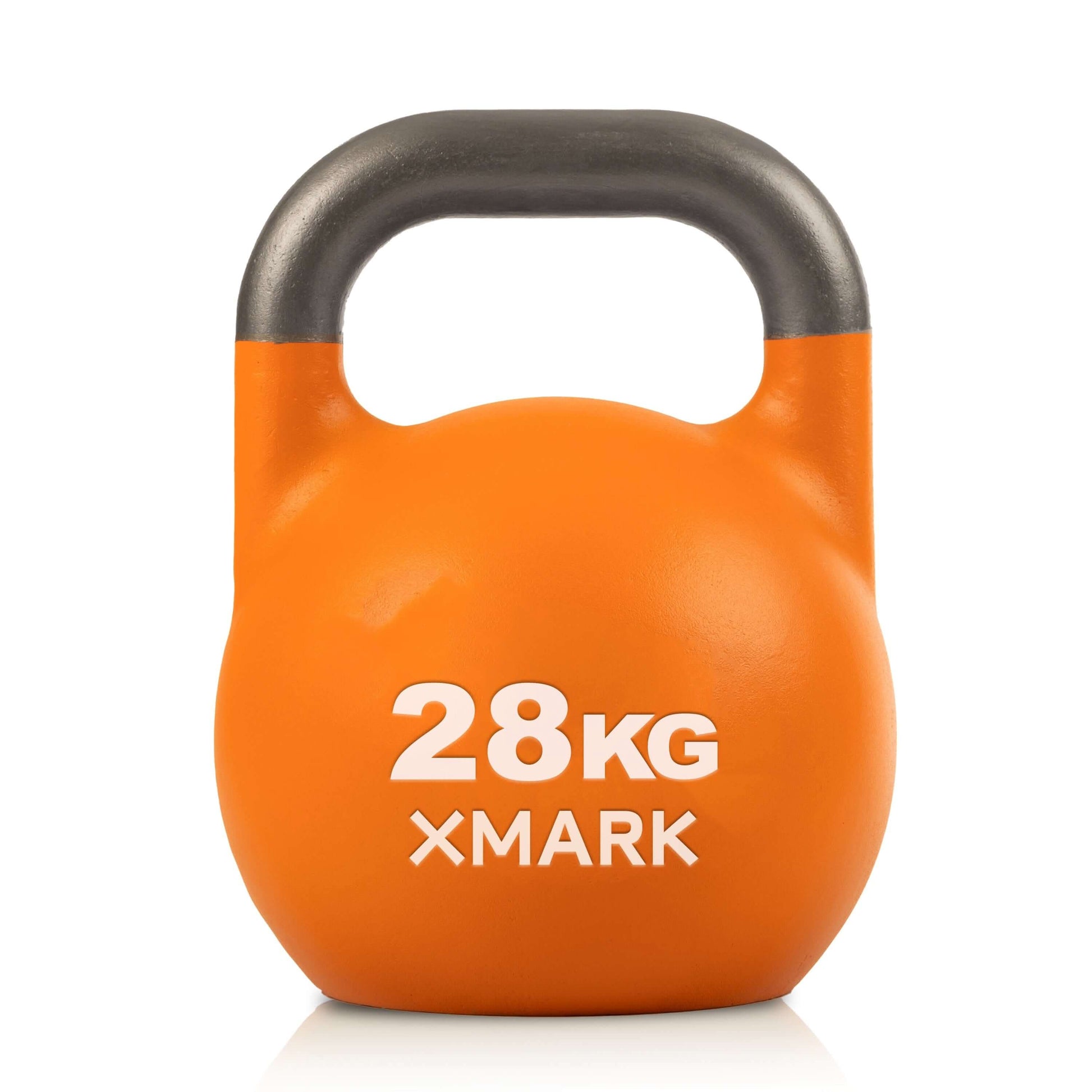 28 kg orange competition kettlebell by XMARK for weight training and fitness workouts.