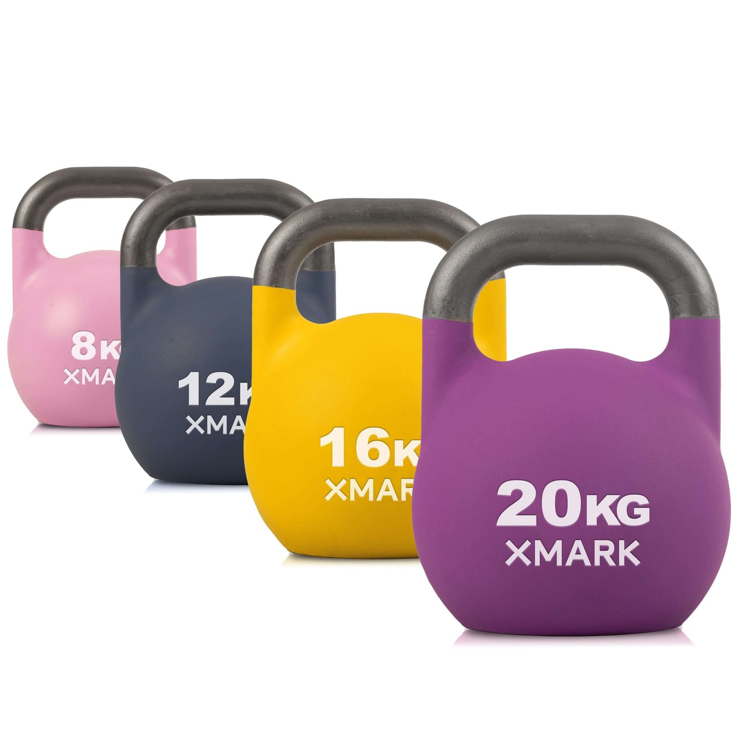 Four competition kettlebells in pink, navy, yellow, and purple, ranging from 8kg to 20kg, ideal for fitness enthusiasts.