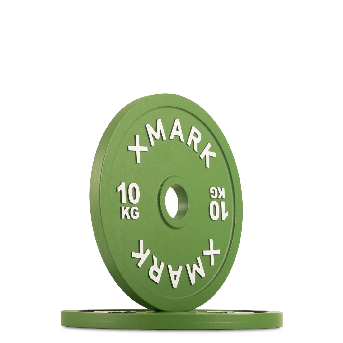 Green calibrated steel plate for powerlifting, 10 kg, featuring bold lettering and a 50mm center hole.