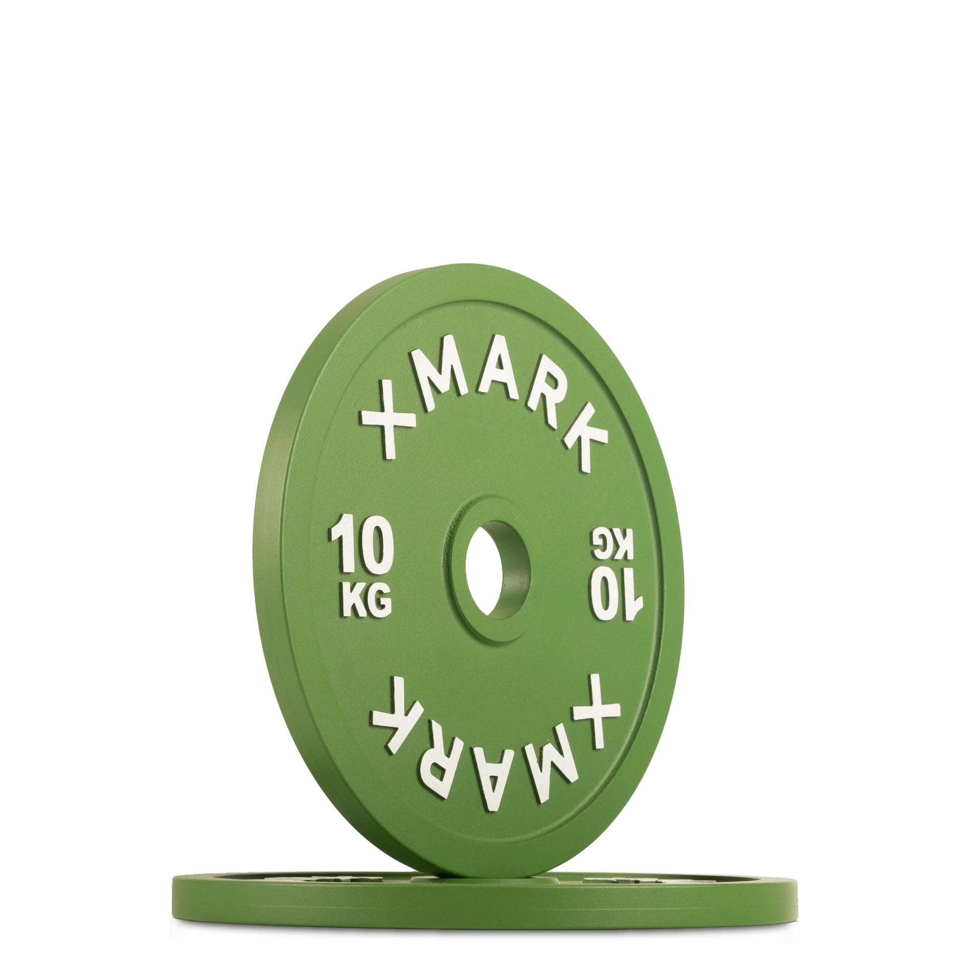 Green calibrated steel plate for powerlifting, 10 kg, featuring bold lettering and a 50mm center hole.