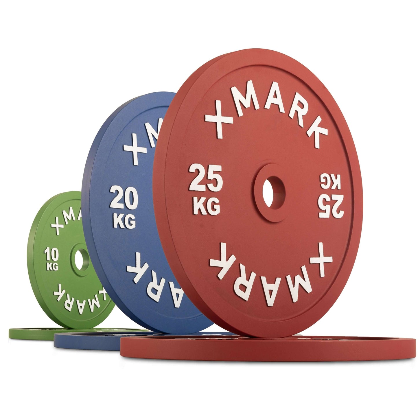 Calibrated steel powerlifting plates in various weights (10kg, 20kg, 25kg) with color-coding and bold lettering.