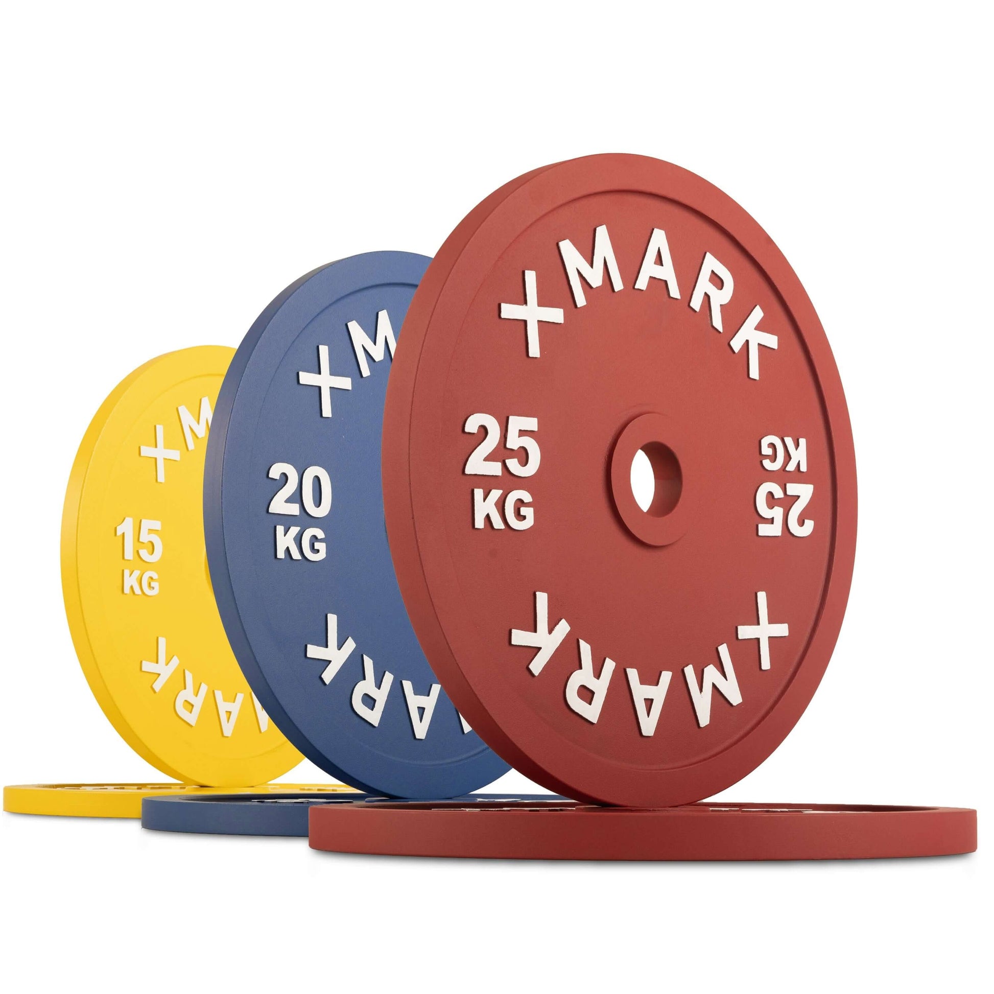 Color-coded powerlifting calibrated steel plates: 15kg, 20kg, 25kg, designed for precise weight accuracy and competition-ready.