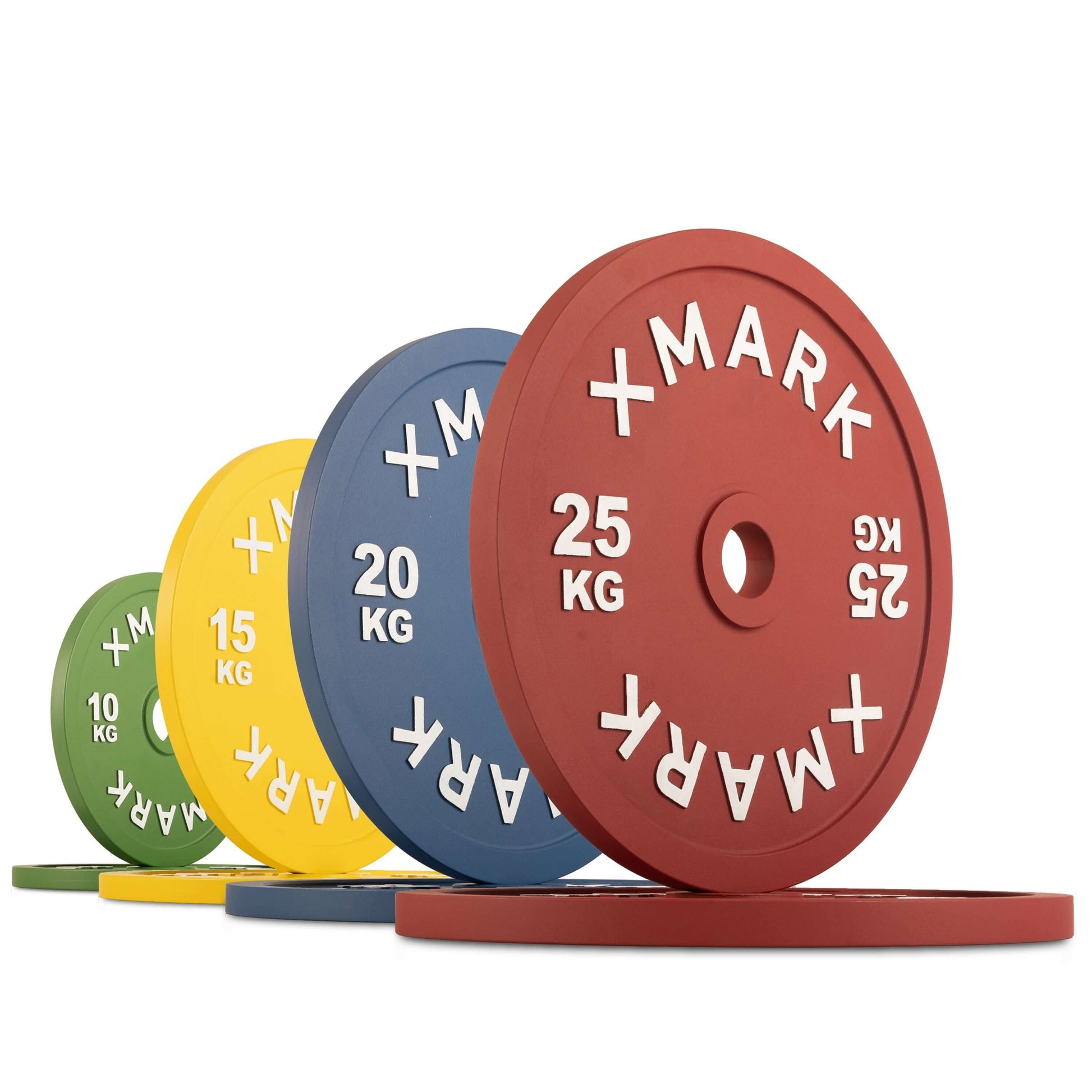Color-coded powerlifting calibrated steel plates ranging from 10 to 25 kg, featuring bold white lettering and precision design.