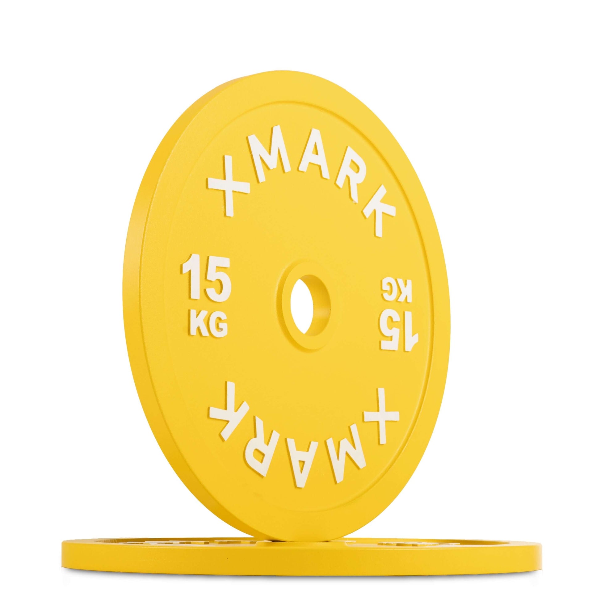 Yellow calibrated steel weight plates, 15 kg, featuring bold white lettering, designed for powerlifting.
