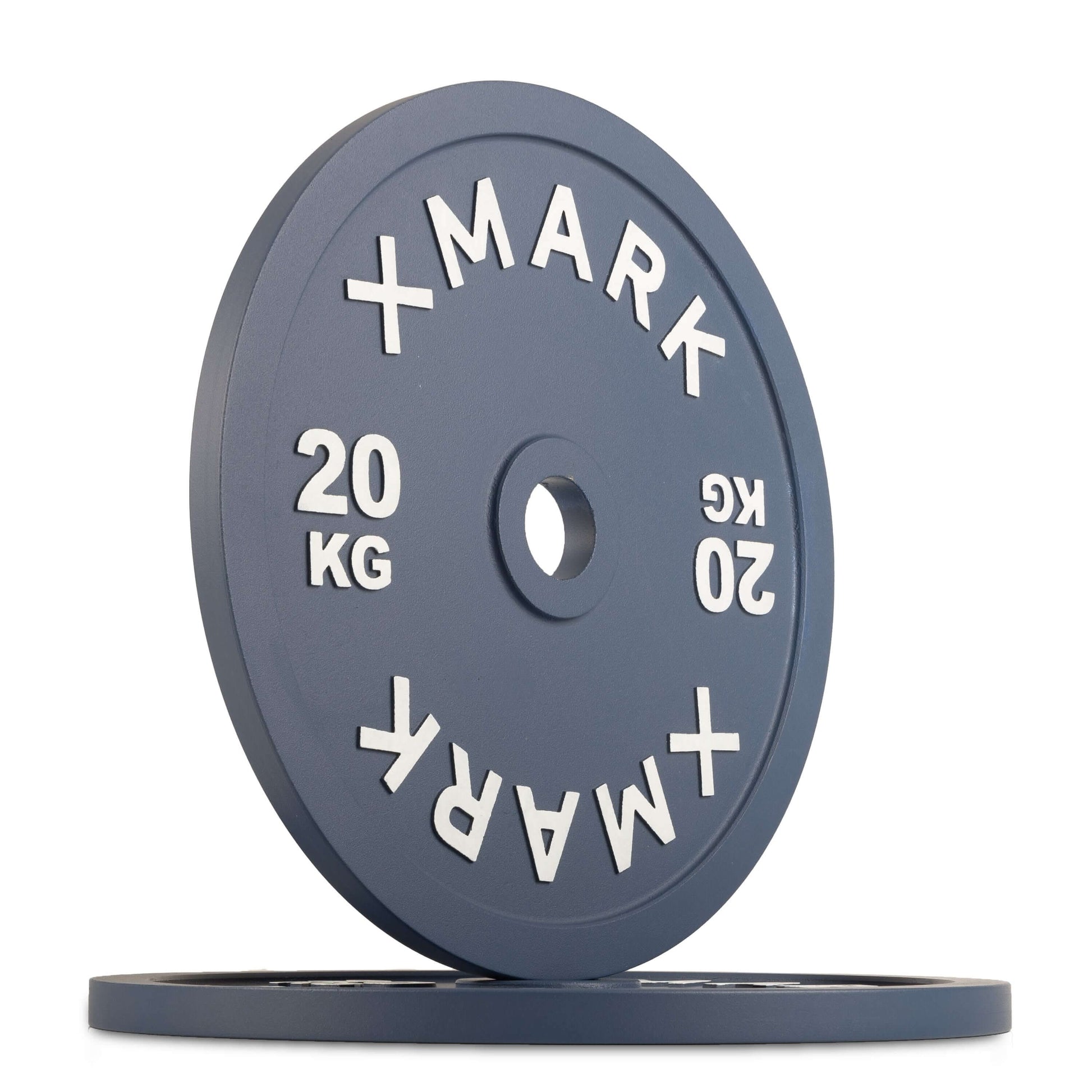 Calibrated 20kg steel plate for powerlifting with a 50mm center hole and bold white lettering.