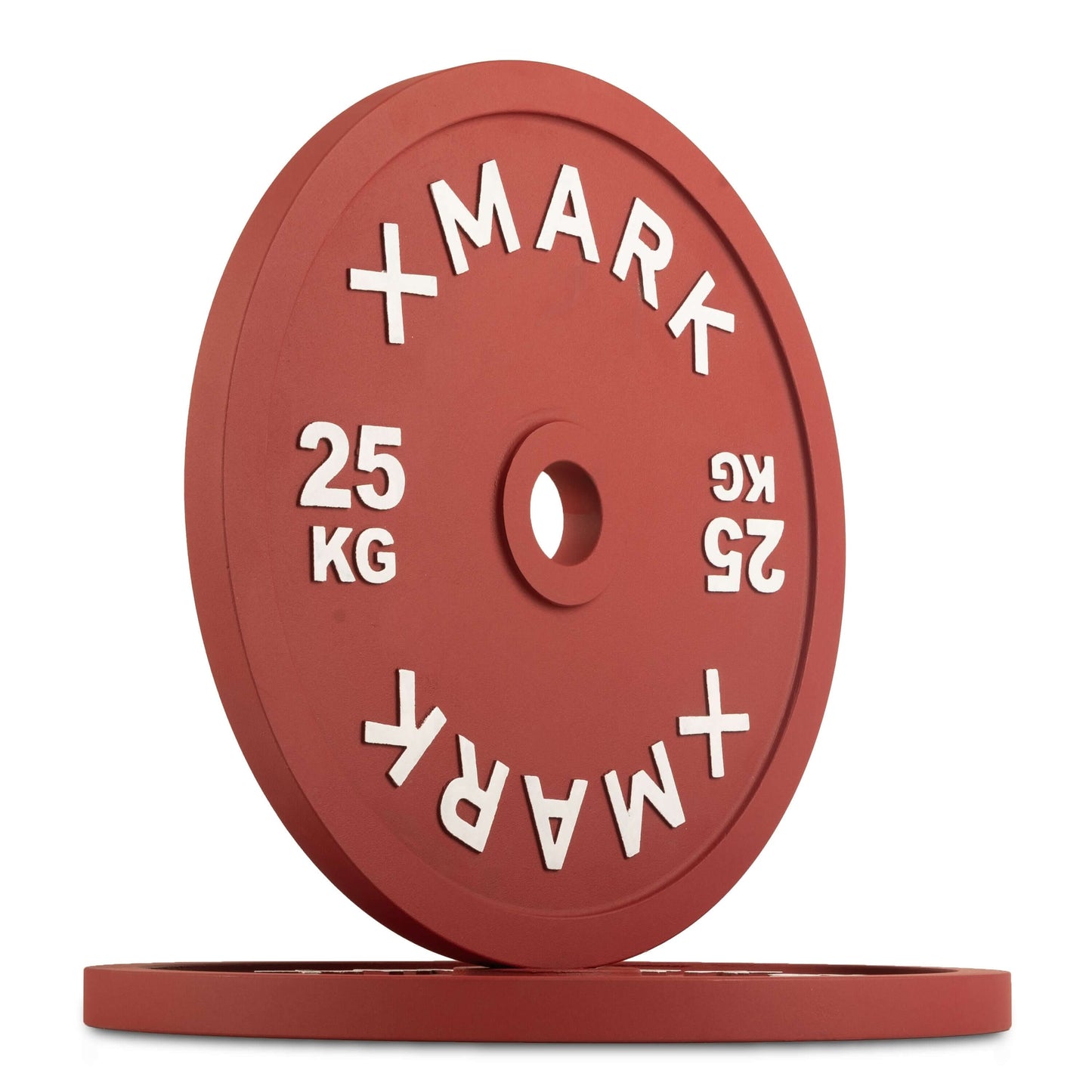 Calibrated 25kg powerlifting steel plate with bold white lettering and a secure center hole design.