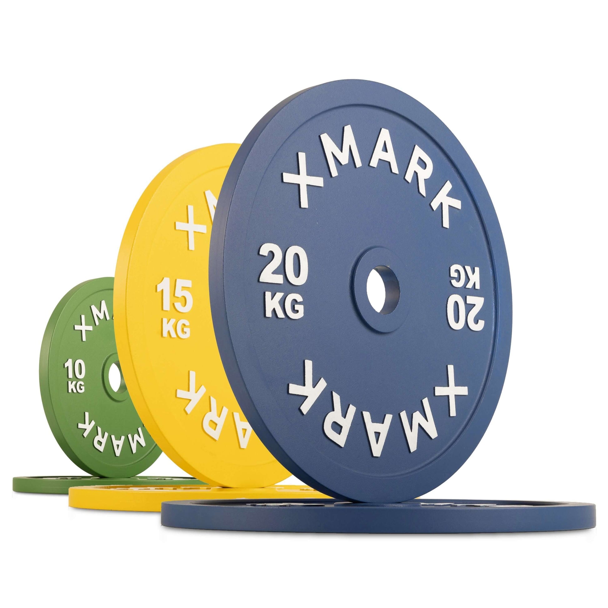 Color-coded calibrated steel weight plates for powerlifting, featuring precision weight accuracy and a 50mm center hole.