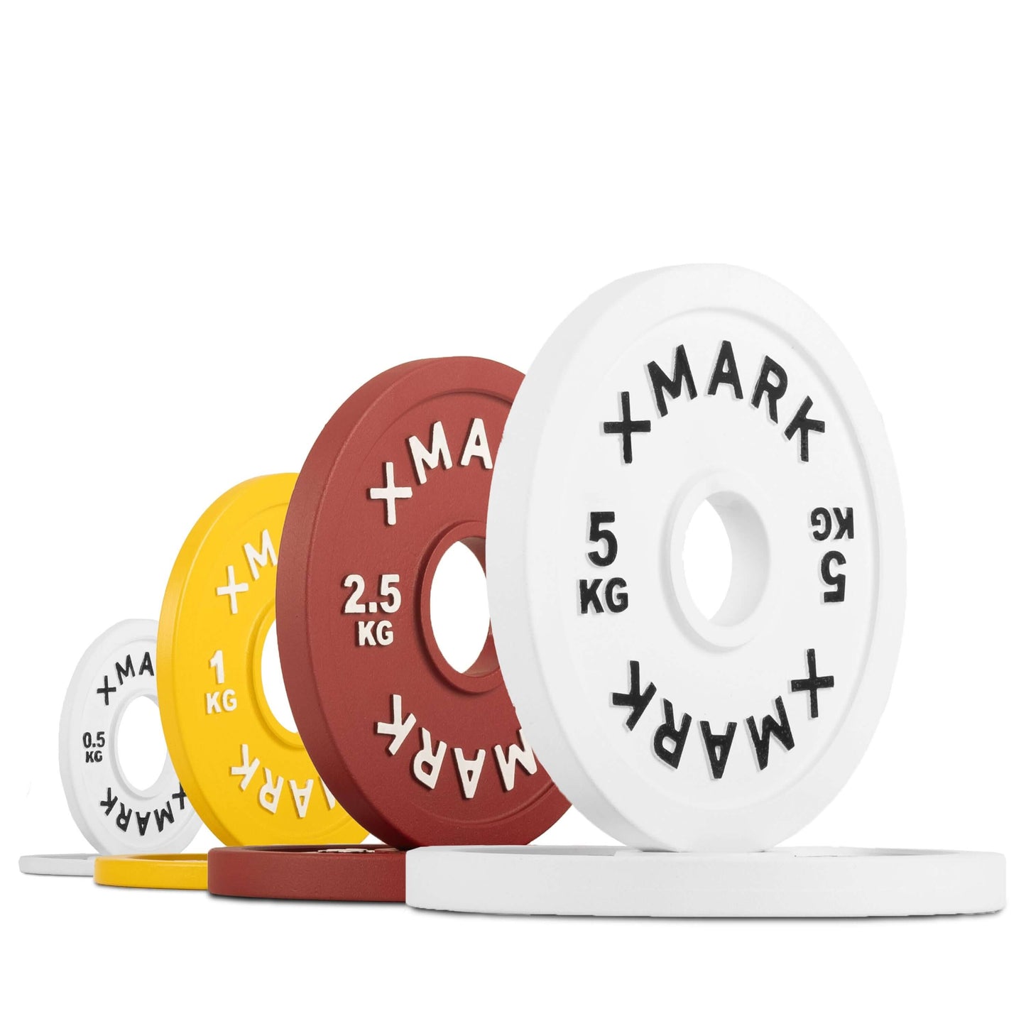 Color-coded calibrated steel weight plates for powerlifting, labeled in kg with secure 50mm center holes.