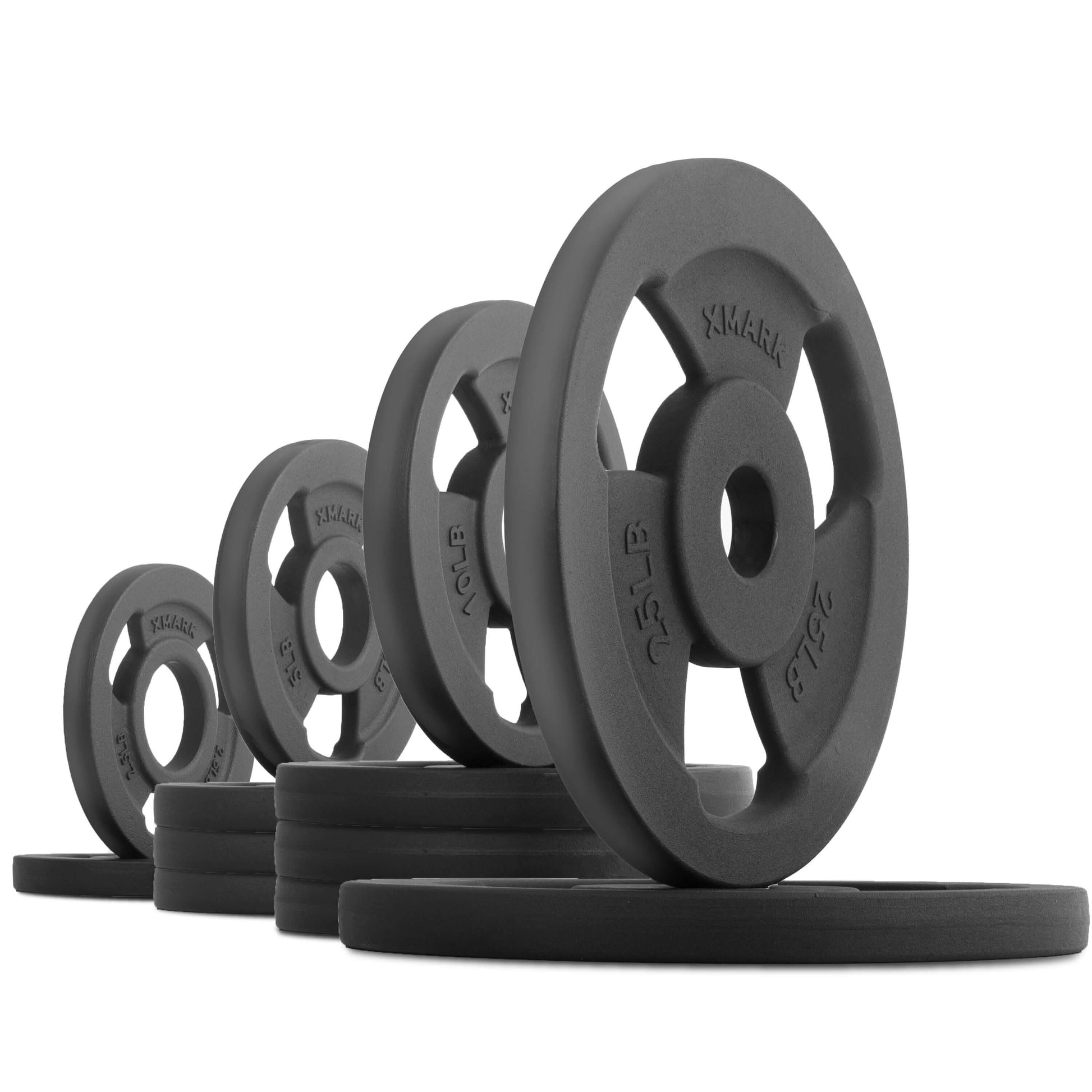 Iron Horse premium cast iron Olympic weight plates in various sizes showcasing classic design for strength training.
