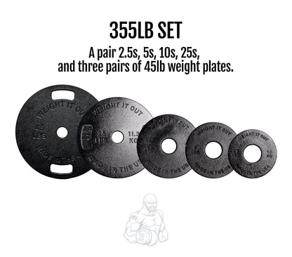 Cast Iron Machined Weight Plate Sets - front view layout with description (355lb set)