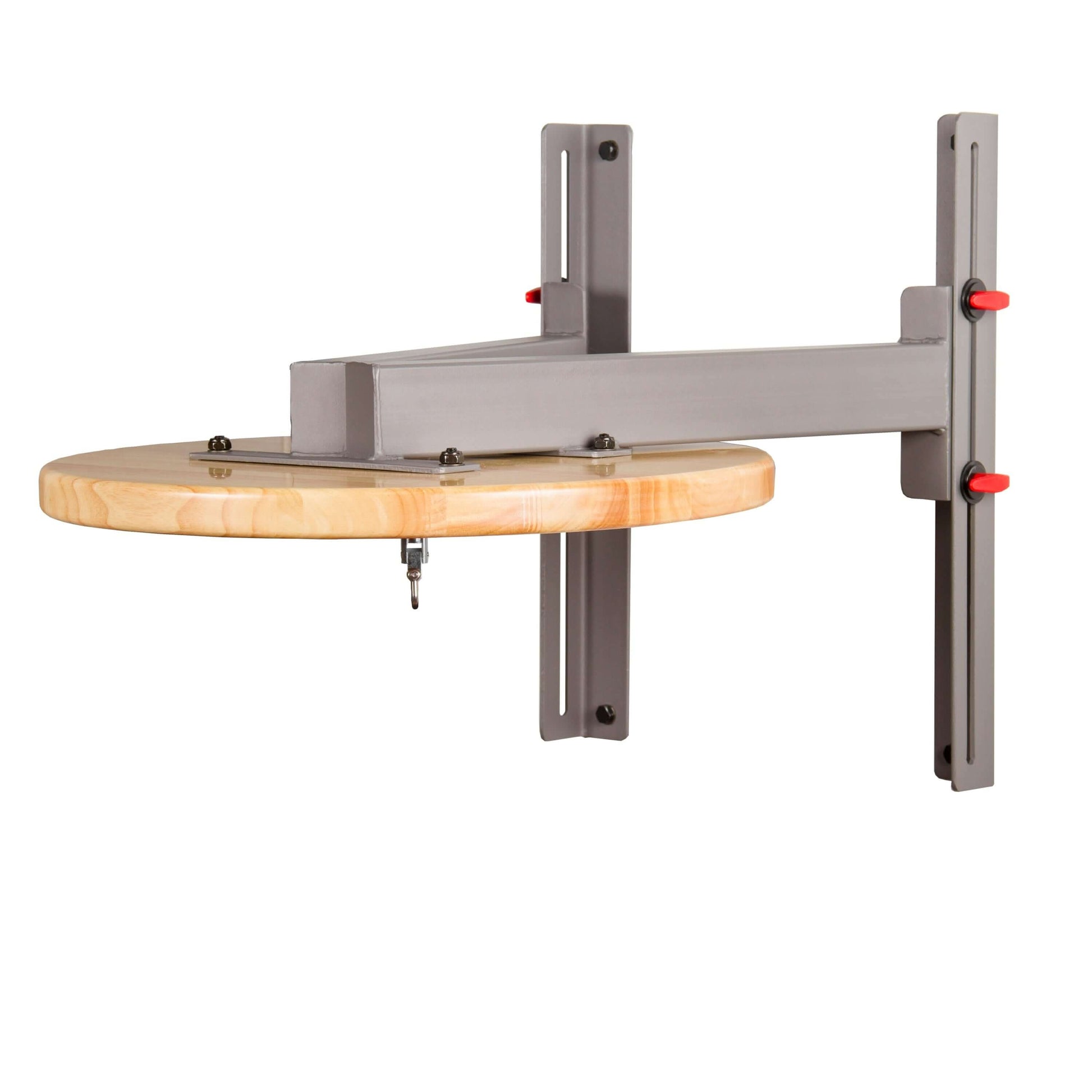 Wall mounted speed bag platform with shackle swivel, featuring a durable hardwood surface and sturdy steel frame.