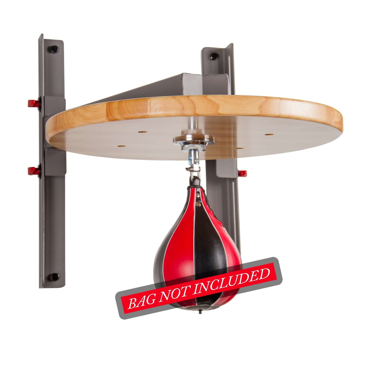 Wall mounted speed bag platform with shackle swivel, featuring a hardwood top and adjustable height, bag not included.