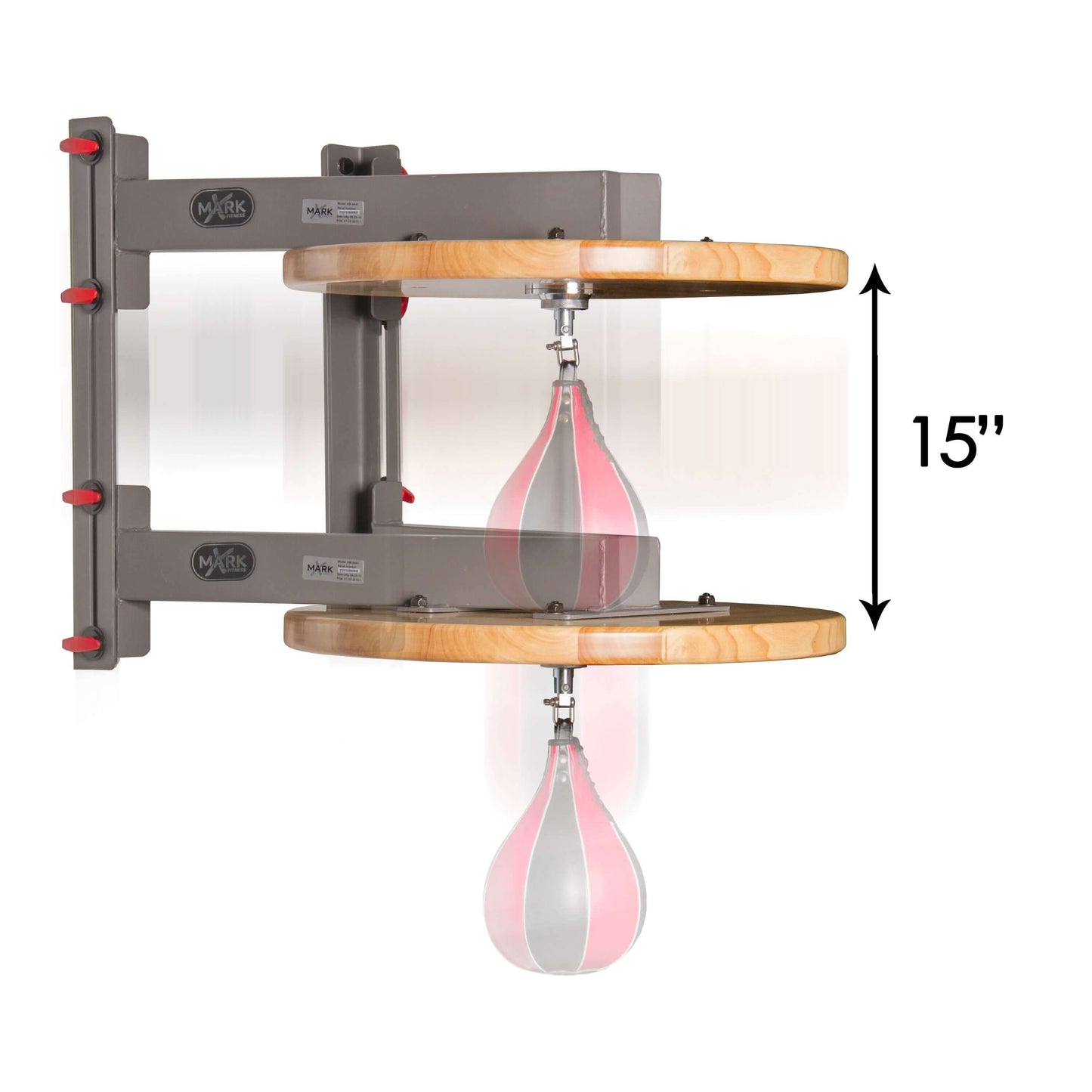 Wall mounted speed bag platform with hardwood surface and adjustable shackle swivel for MMA and boxing training.