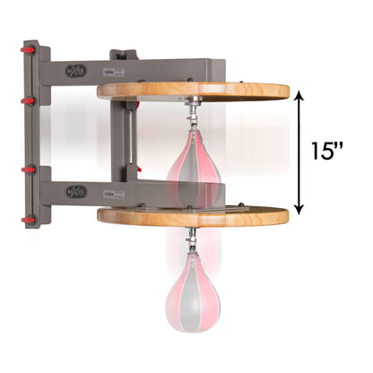 Wall mounted speed bag platform with hardwood surface and adjustable shackle swivel for MMA and boxing training.