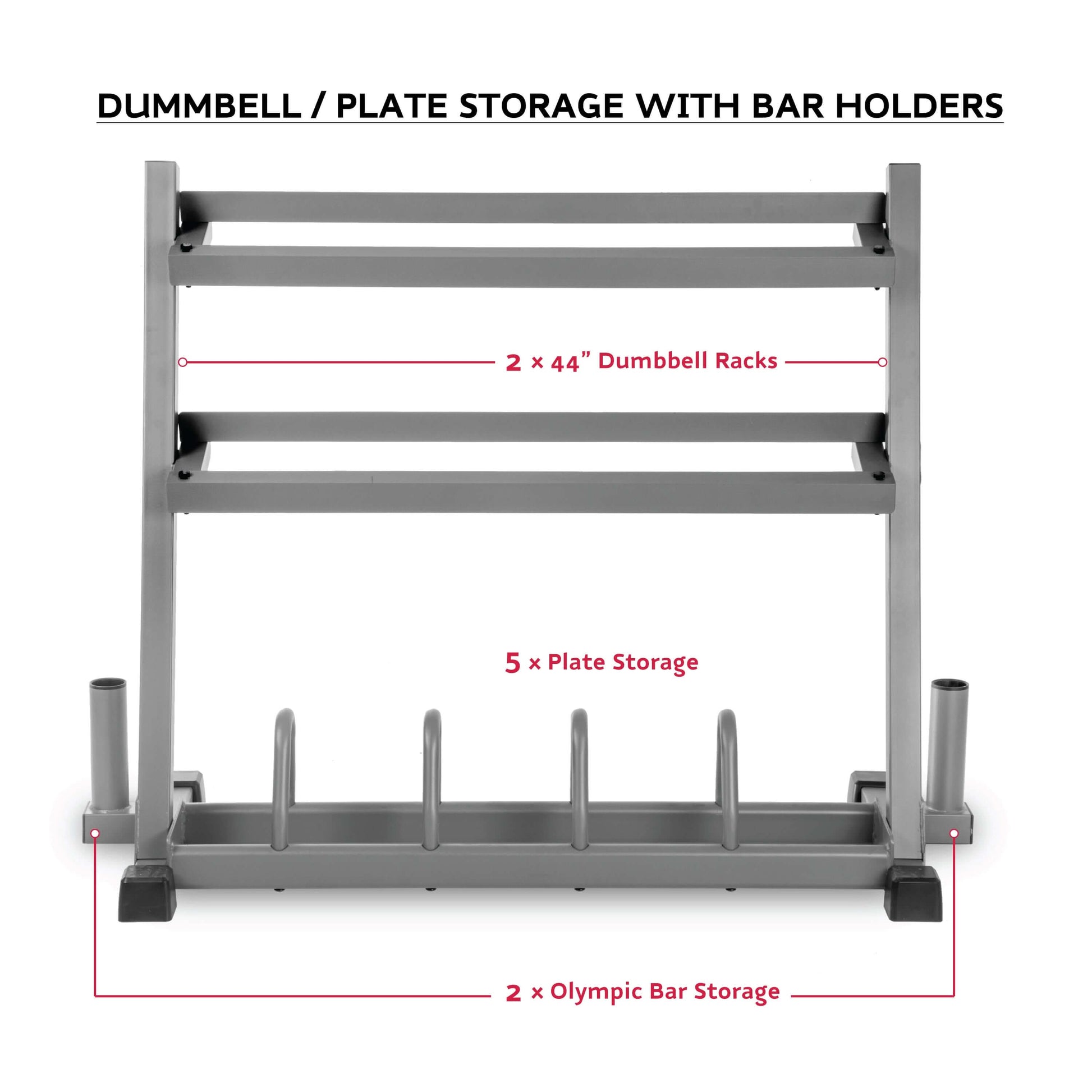 Dumbbell and plate storage rack featuring two 44" racks and five plate storage slots for efficient gym organization.