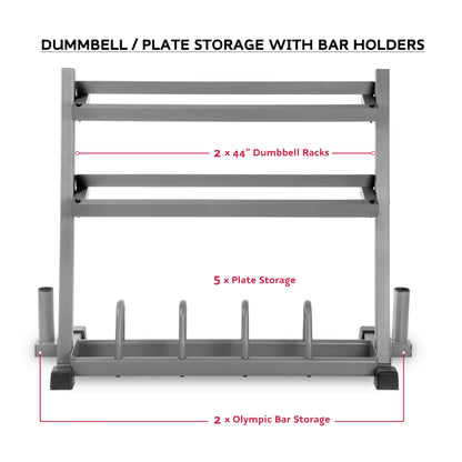 Dumbbell and plate storage rack featuring two 44" racks and five plate storage slots for efficient gym organization.
