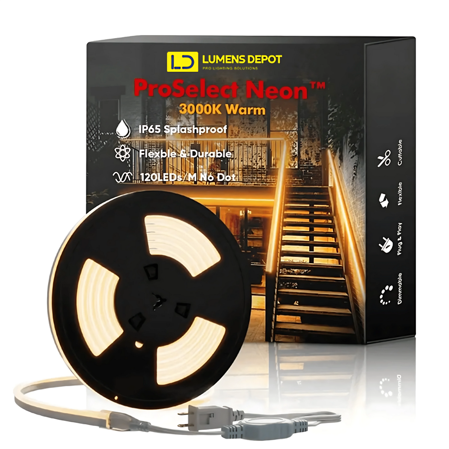 110-130V Warm White LED Neon Rope Light -3000K- 7mm x 14.5mm-7W/Meter and 220LM/W -Dimmable, Flexible, IP65 Waterproof, Cuttable for Home & Commercial Use