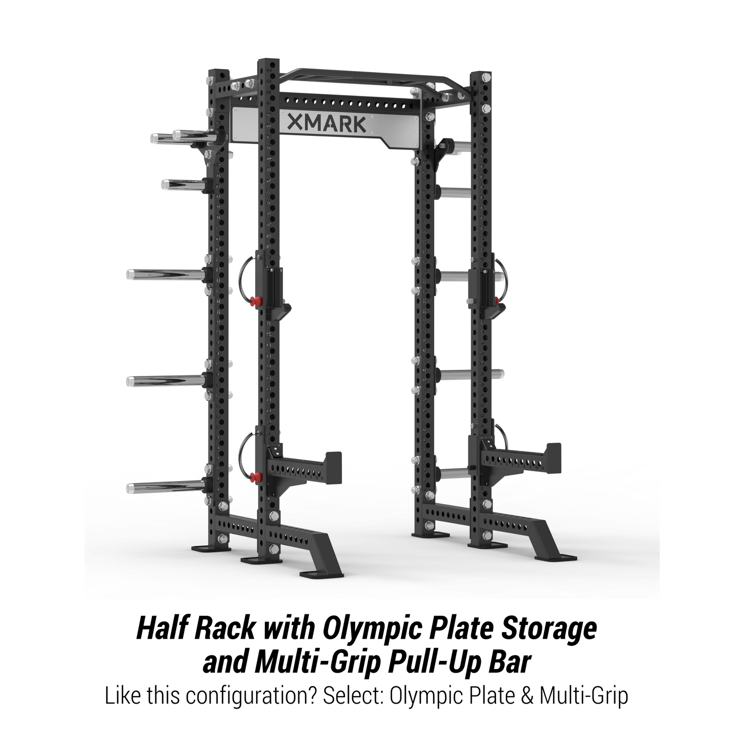 XMARK Viper Half Power Rack with Olympic plate storage and multi-grip pull-up bar, ideal for home gyms.