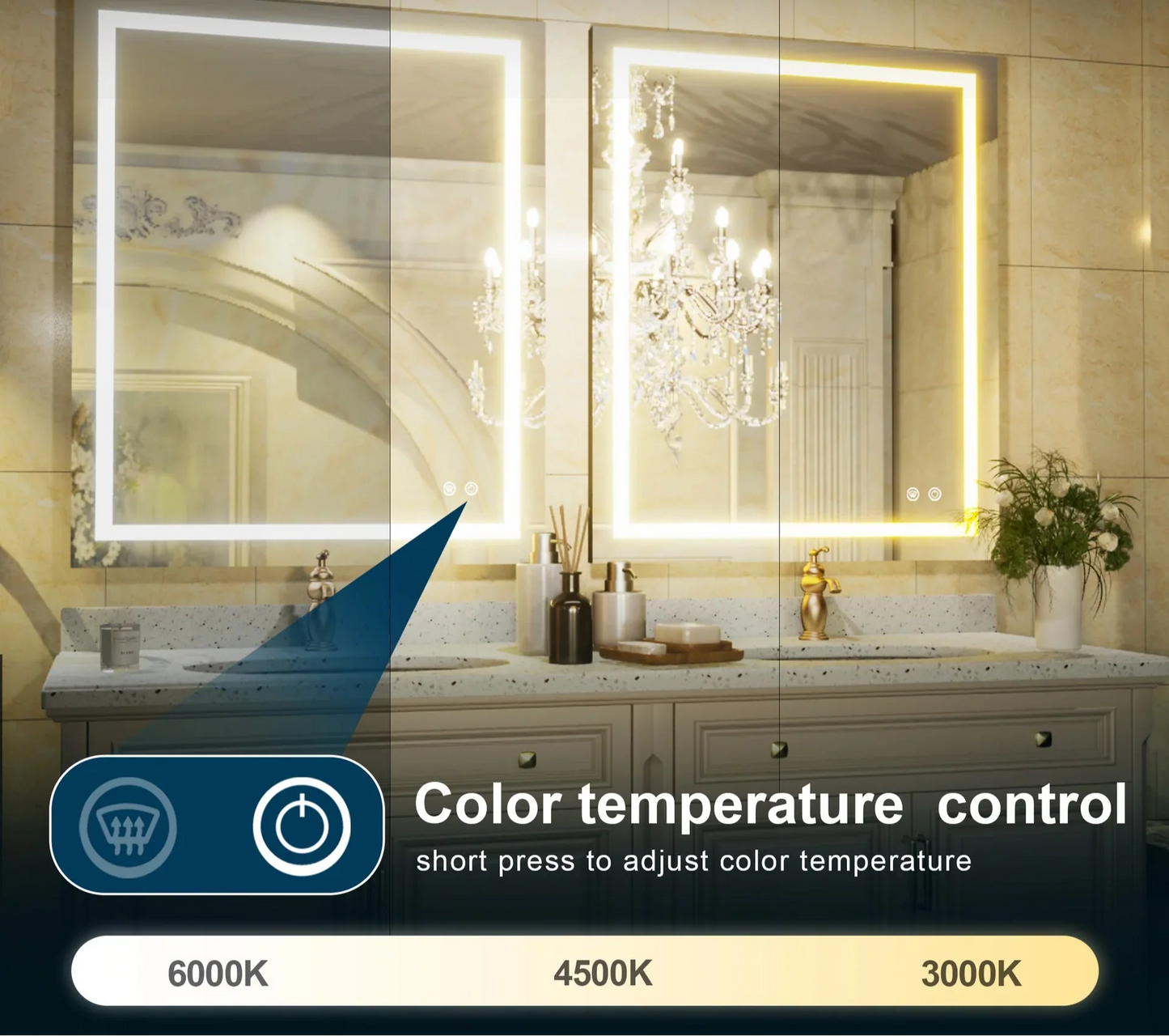 LED Bathroom Mirror – Front Lighting 48x36 Inches, 15W, 1,100 Lumens – Single Light Strip - Dimmable - Anti-Fog