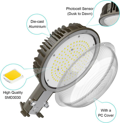 LED Barn Light, 100W, 5000K, 12,000 Lumens, 100-277 VAC, Built-in Photocell, Wall & Pole Mount