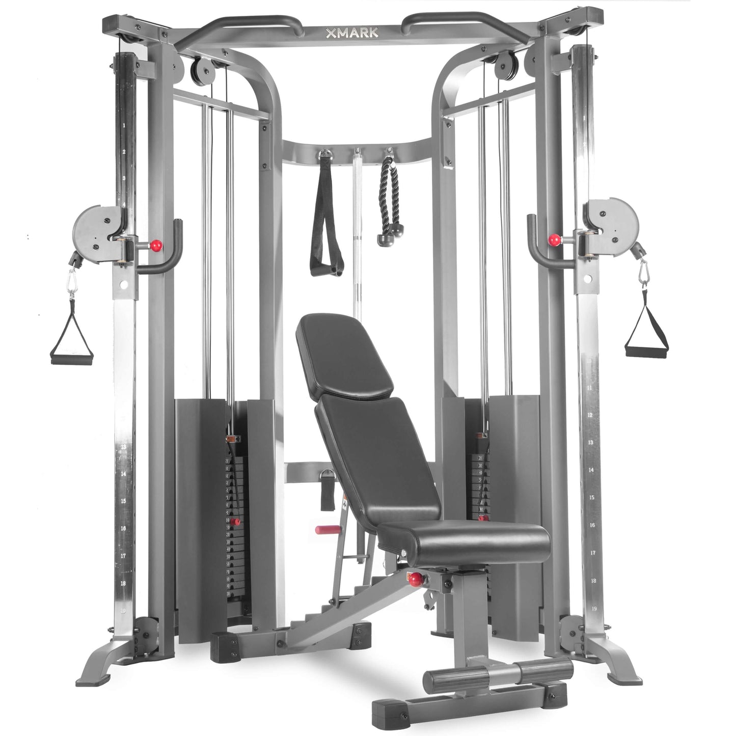 Functional trainer cable machine with dual 200 lb weight stacks and adjustable bench for various workouts.