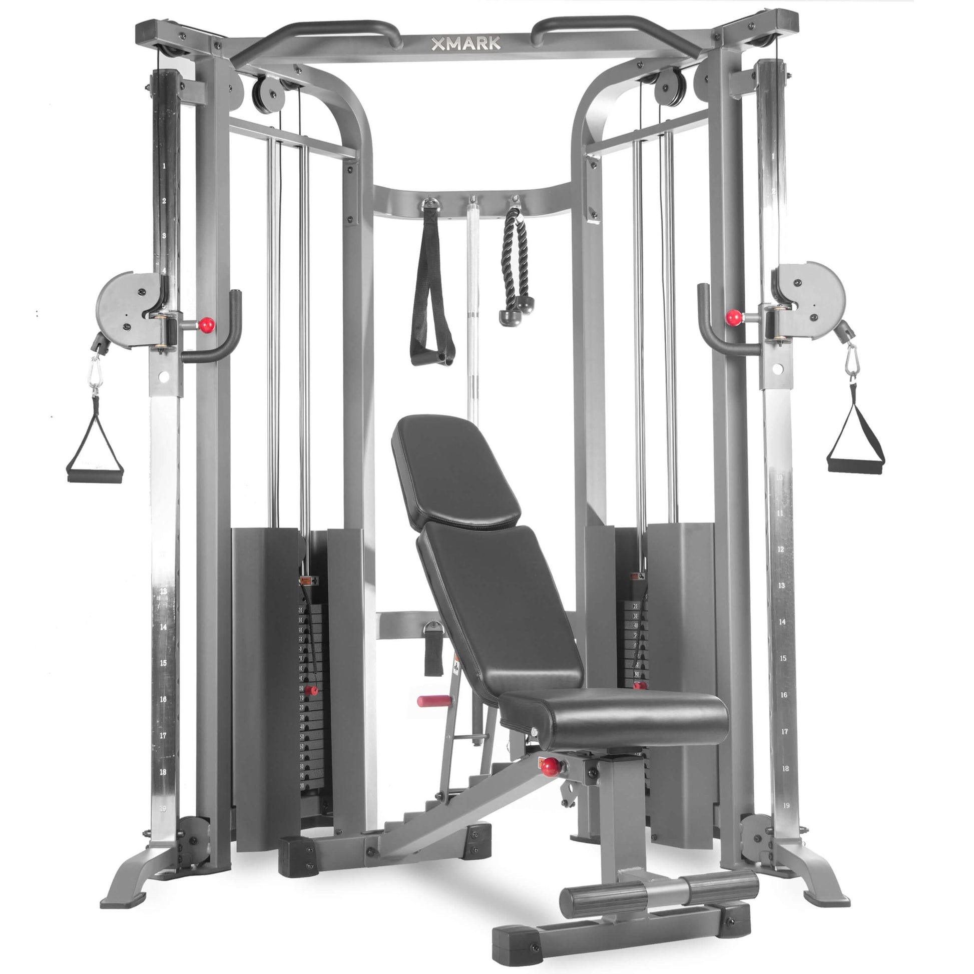 Functional trainer cable machine with dual 200 lb weight stacks and adjustable bench for various workouts.
