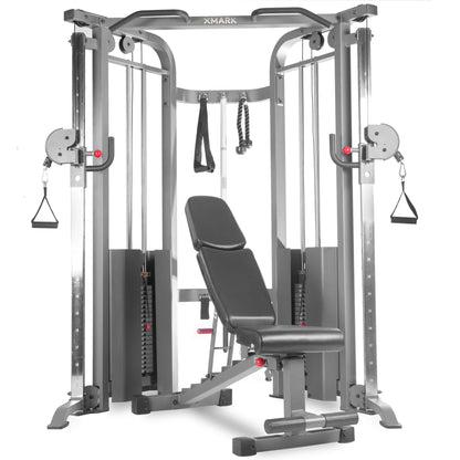 Functional trainer cable machine with dual 200 lb weight stacks and adjustable bench for various workouts.