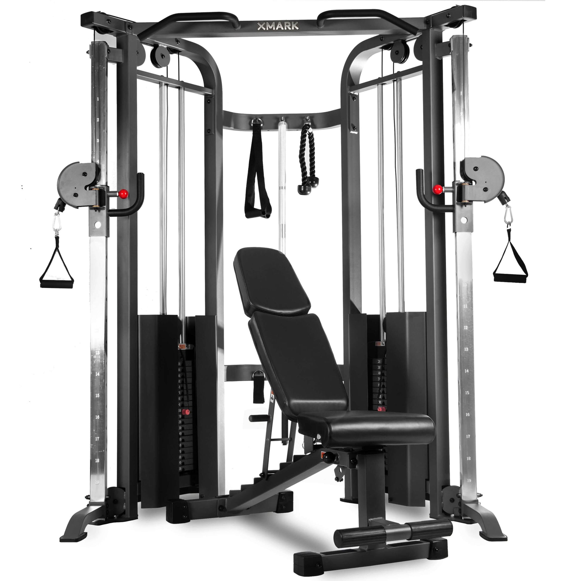 Functional trainer cable machine with dual 200 lb weight stacks and adjustable FID bench for versatile workouts.