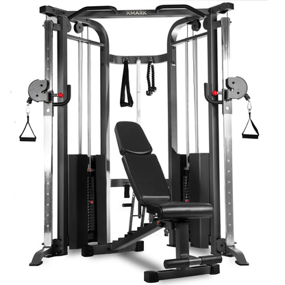 Functional trainer cable machine with dual 200 lb weight stacks and adjustable FID bench for versatile workouts.