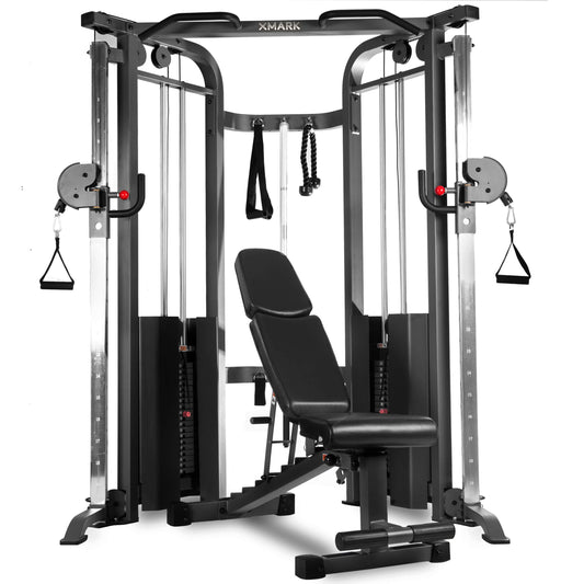 Functional trainer cable machine with dual 200 lb weight stacks and adjustable FID bench for versatile workouts.