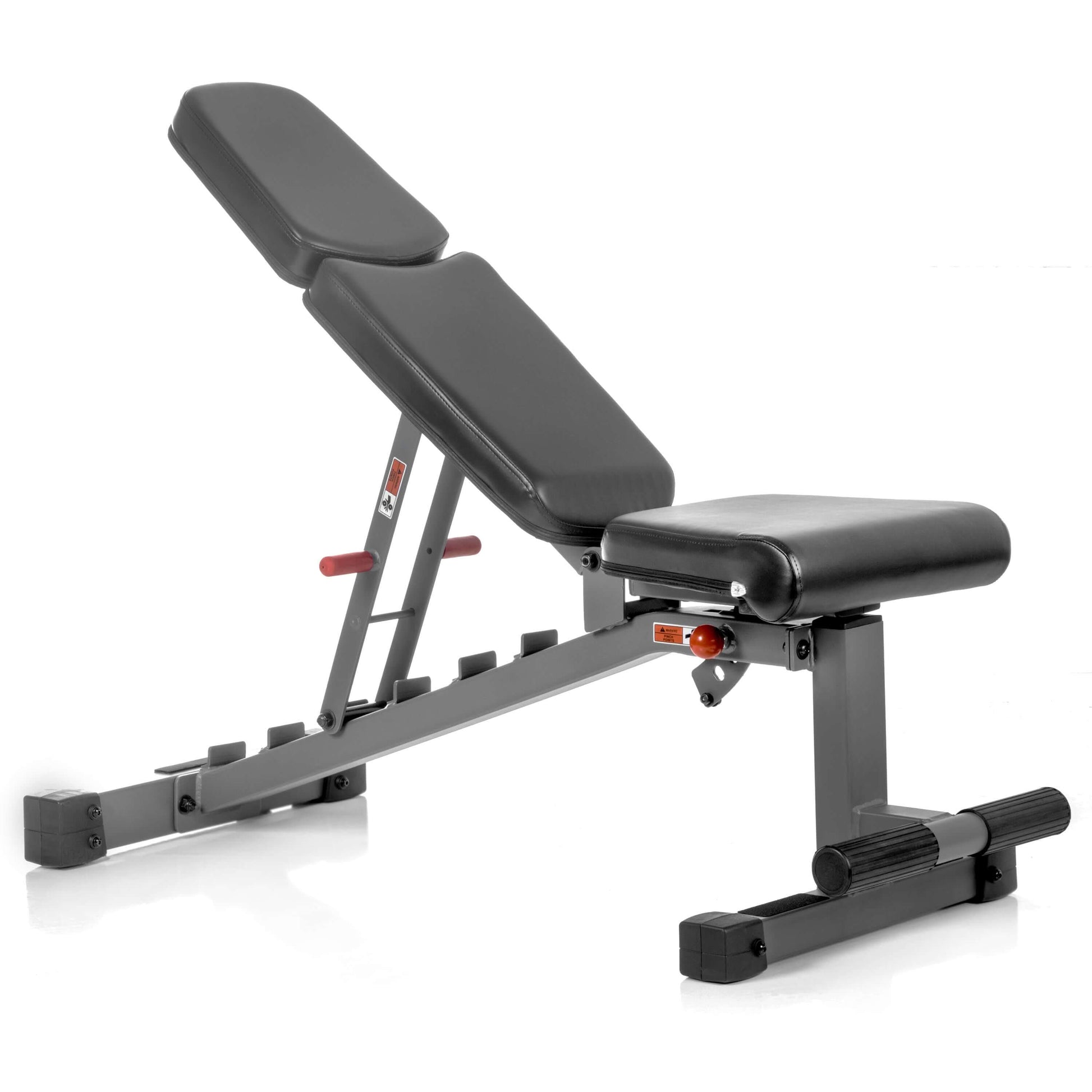 Adjustable black weight bench suitable for various exercises, featuring padded seating and back support.