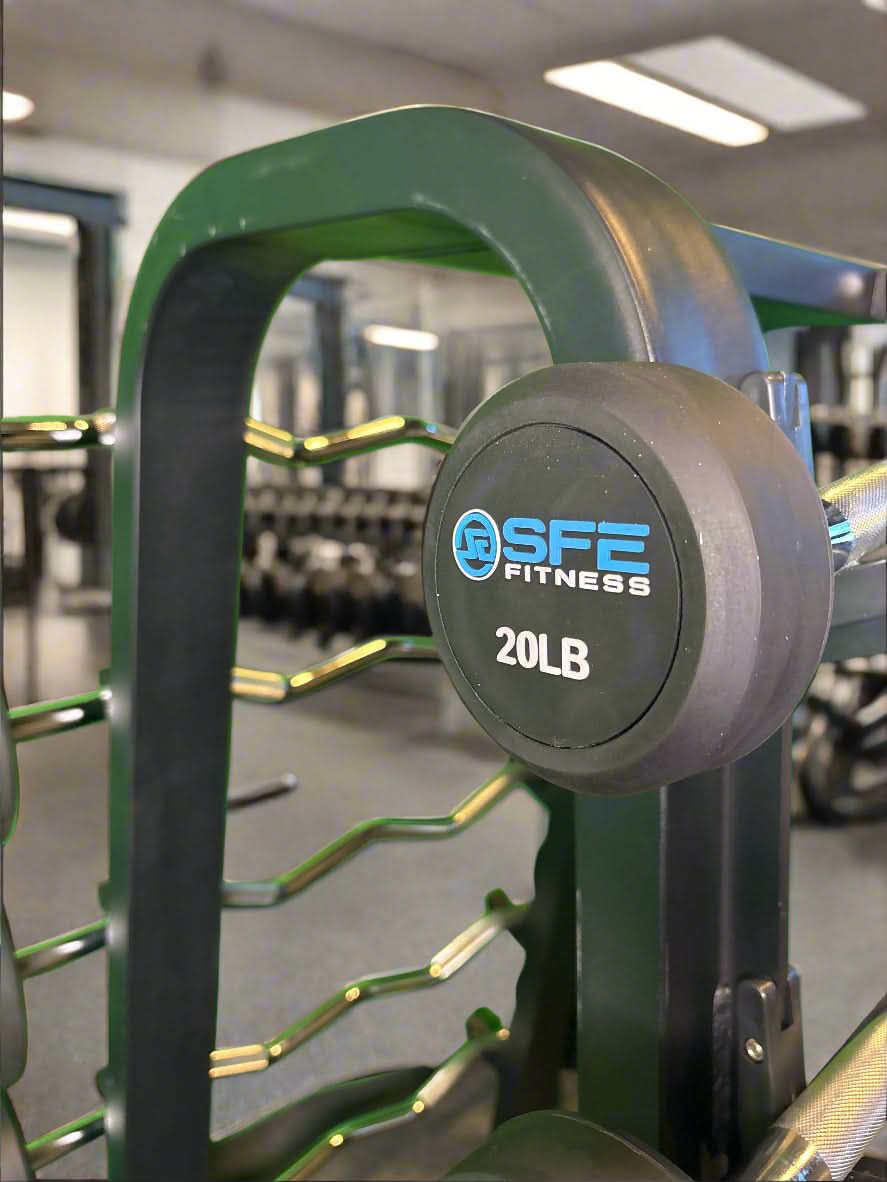 SFE Rubber Fixed EZ Curl Barbell SET 20LBs - 110LBs with Rack - close up view with EZ barbell and logo 