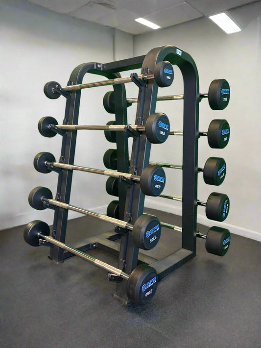 SFE Rubber Fixed Straight Barbell SET 20LBs - 110LBs with Rack - perspective view with loaded rack