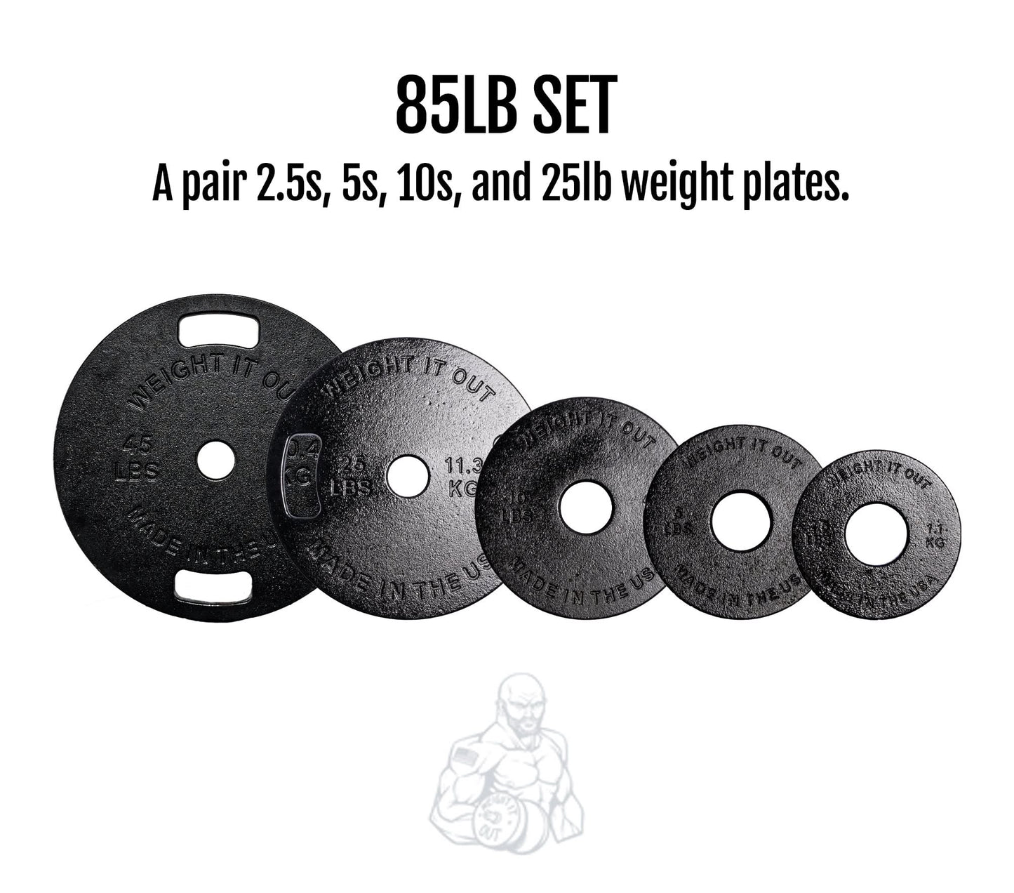 Cast Iron Machined Weight Plate Sets - front view layout with description (85lb set)