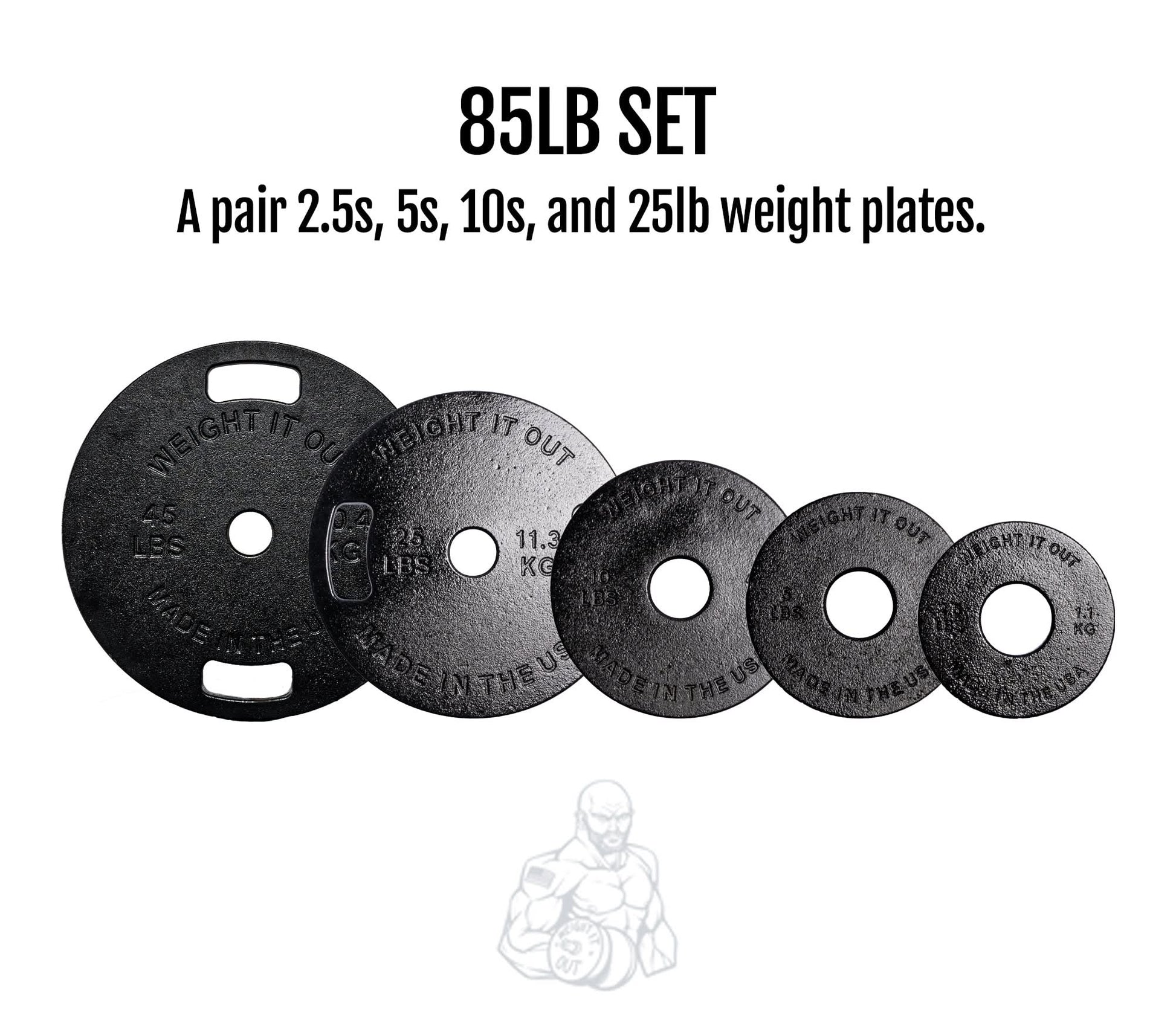 Cast Iron Machined Weight Plate Sets - front view layout with description (85lb set)