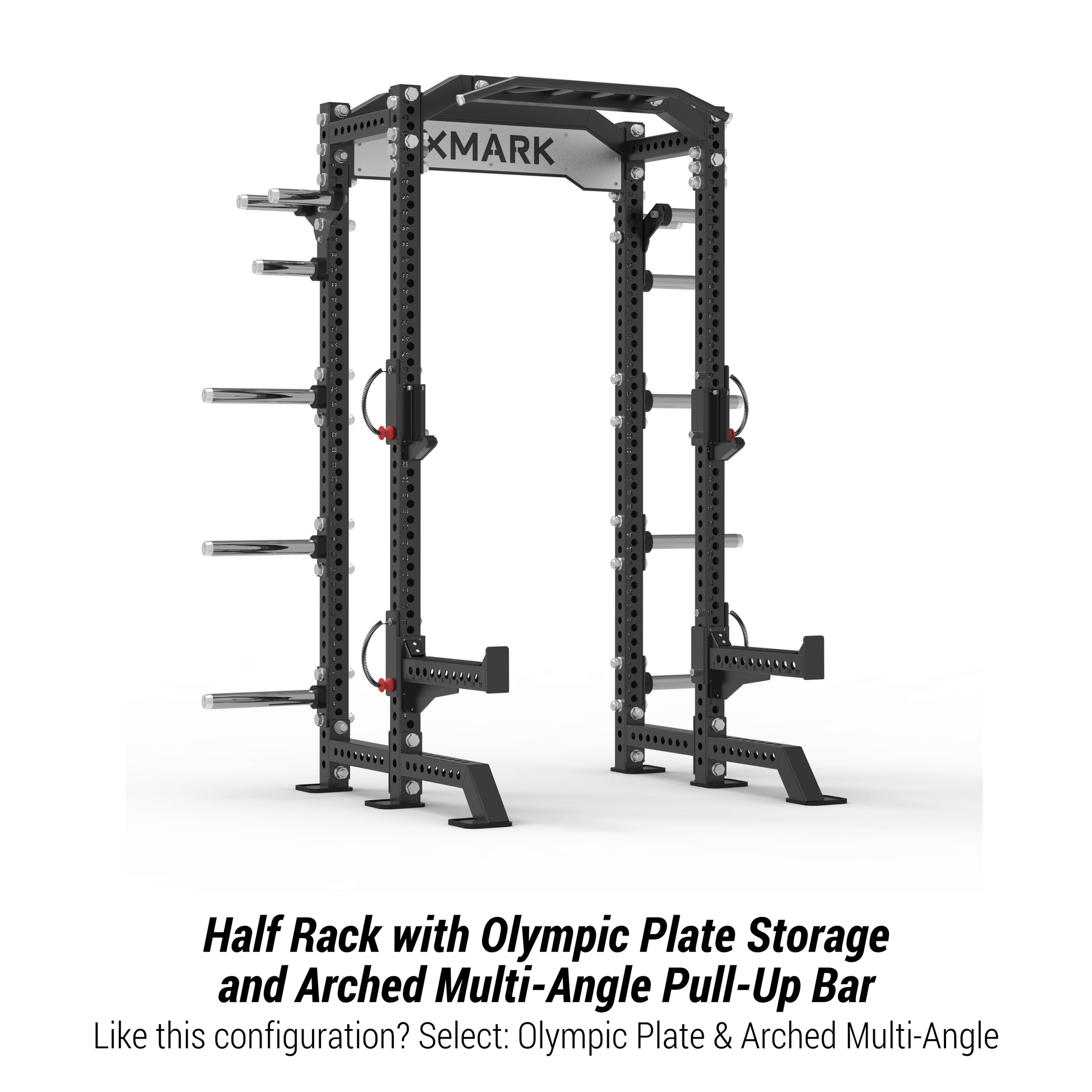 XMARK Viper Half Power Rack featuring Olympic plate storage and arched multi-angle pull-up bar for home gyms.