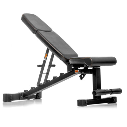 Adjustable black weight bench with padded support for home gym workouts, featuring a sturdy steel frame.