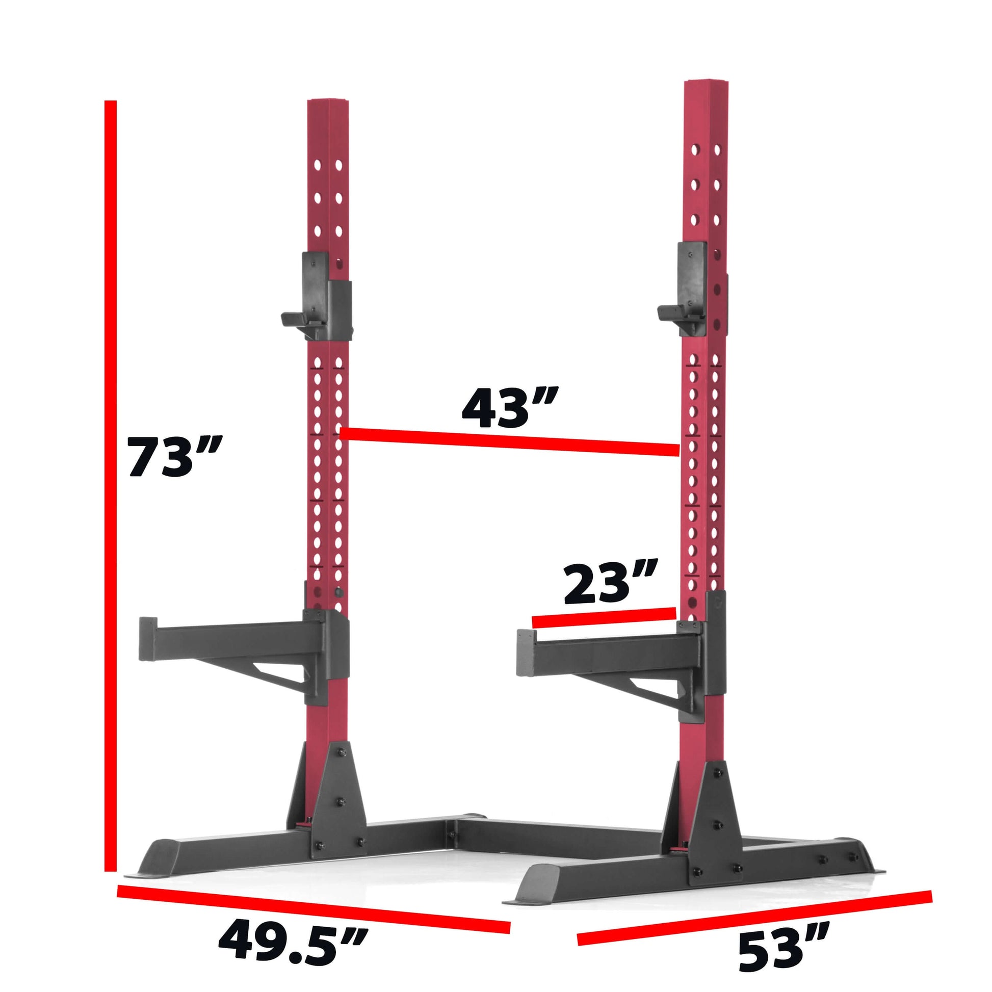 Image showing the XMARK squat rack with dimensions: height 73", width 53", base 49.5", and adjustable arm height 43" and 23".