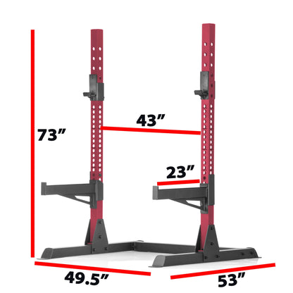 Image showing the XMARK squat rack with dimensions: height 73", width 53", base 49.5", and adjustable arm height 43" and 23".
