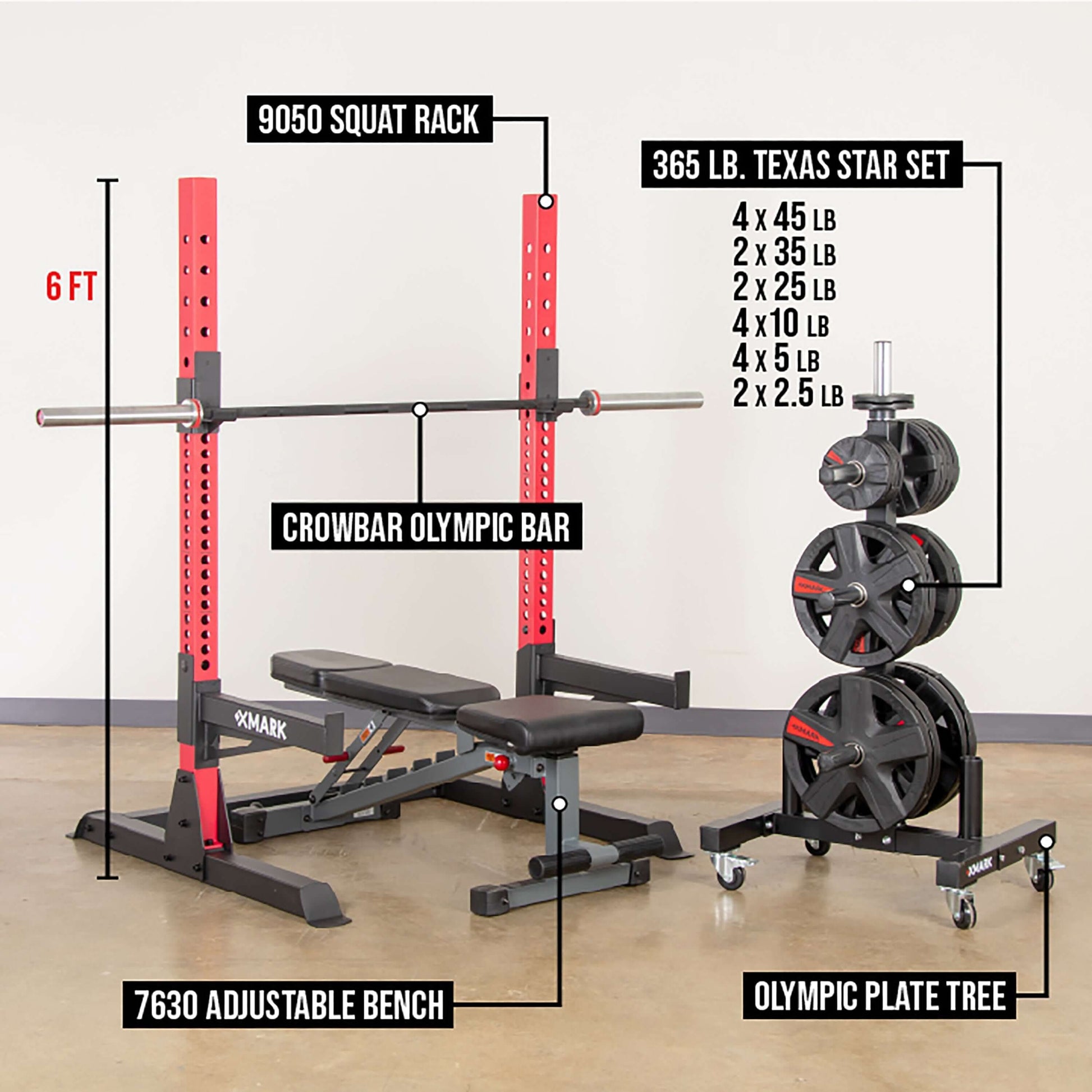 XMARK squat rack package featuring a adjustable squat rack, Olympic bar, bench, and weights for home gym setup.
