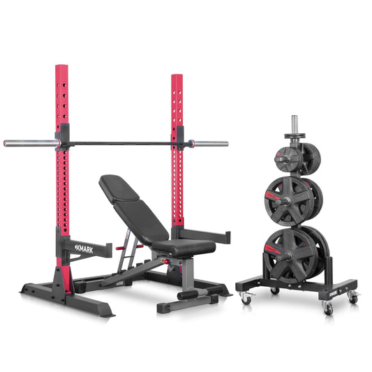 XMARK Squat Rack Home Gym Package with adjustable bench and weight tree, ideal for strength training.