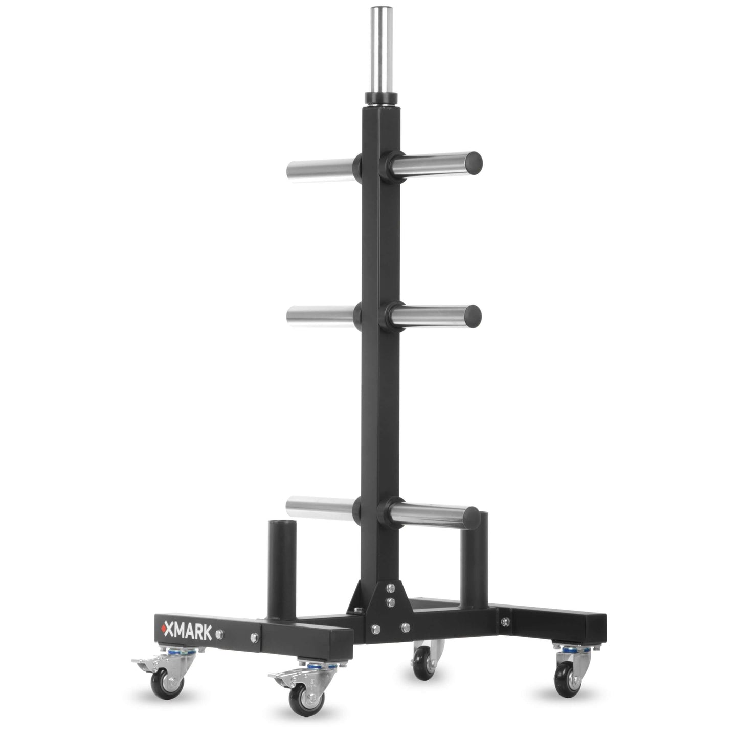 XMARK Olympic Weight Tree with four weight storage pegs on a sturdy base with wheels for mobility.