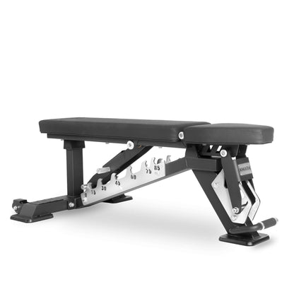 Black Diamond Commercial Adjustable Weight Bench with firm padding and adjustable backrest for versatile workouts.