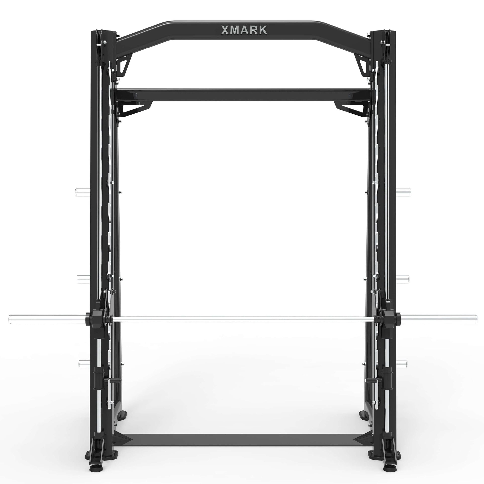 Front view of a heavy-duty XMARK commercial Smith machine with angled uprights and a barbell ready for use.