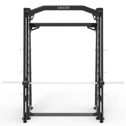 Front view of a heavy-duty XMARK commercial Smith machine with angled uprights and a barbell ready for use.